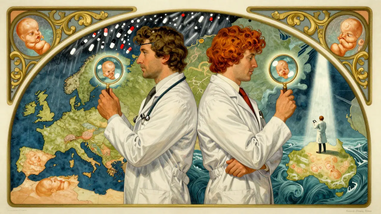 Two doctors observe fetal defects through magnifying glasses, while a lone FDA reviewer stops a storm of pills.